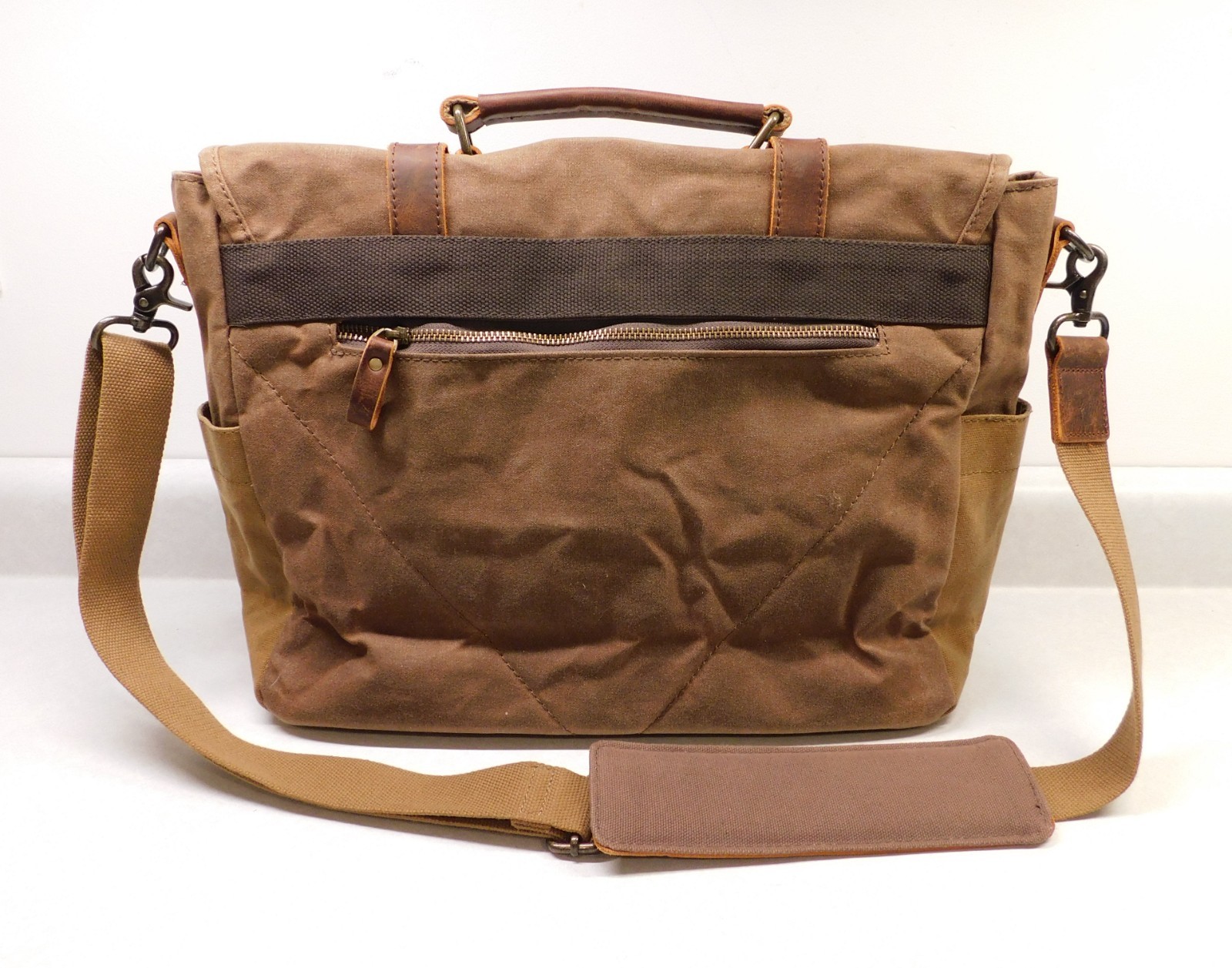 NEWHEY Brown Waxed Canvas Leather Trim Computer Messenger Bag 16×12