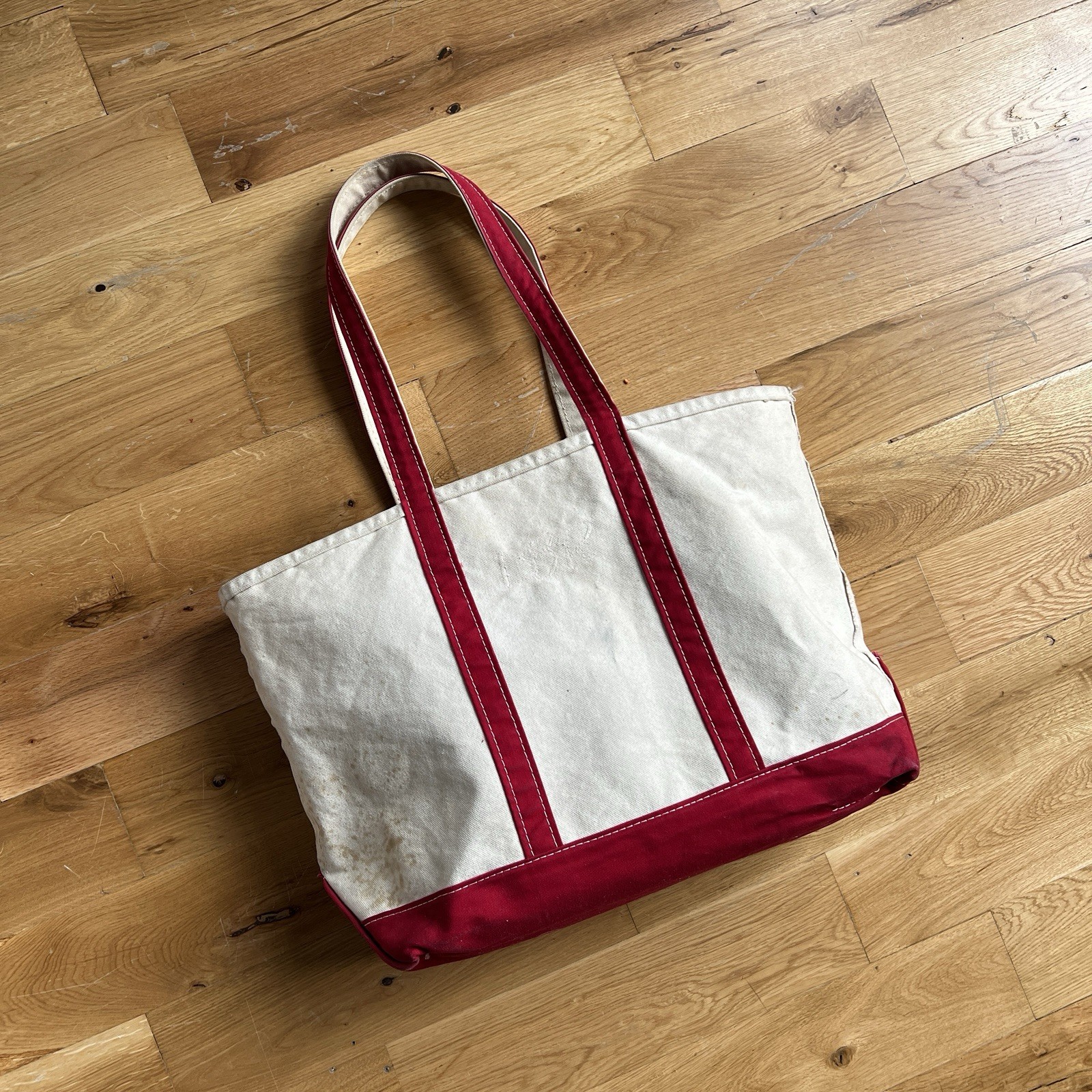 Vintage 90’s 00’s LL Bean Boat and Tote Bag Large Ivory Red Canvas USA Stained