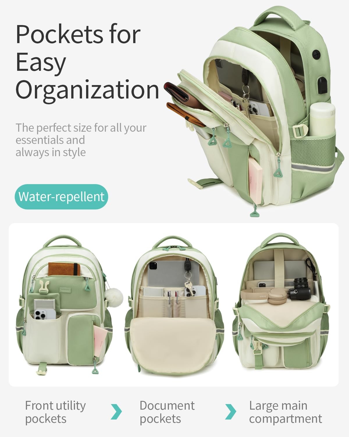 Girls Middle High School Backpack College Bookbag Mochila GreenWhite Gifts