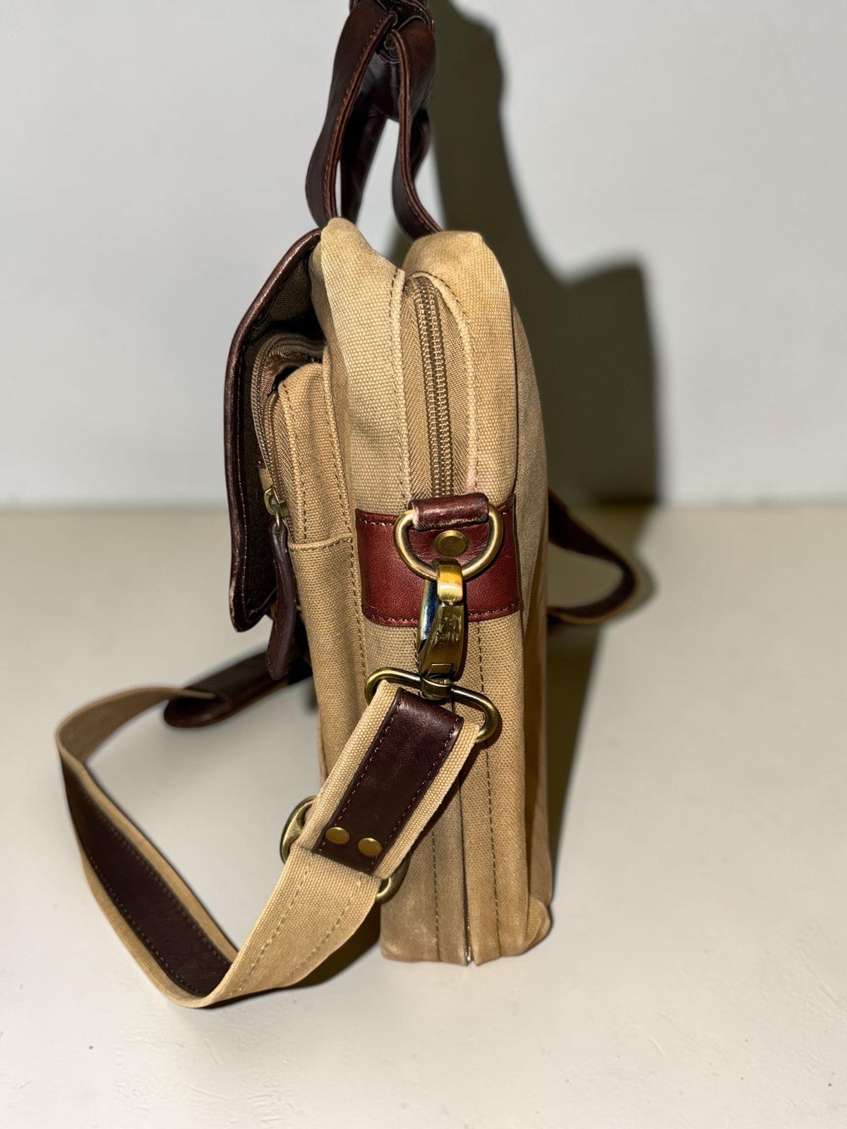 Bosca Leather & Canvas Messenger Bag Briefcase Tan & Brown Attache Laptop Work