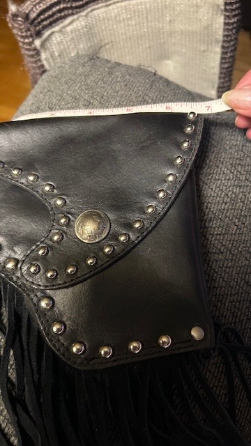 COOL black motorcycle leather belt loop side bag studs 6.5″x7″ + 4″ fringe