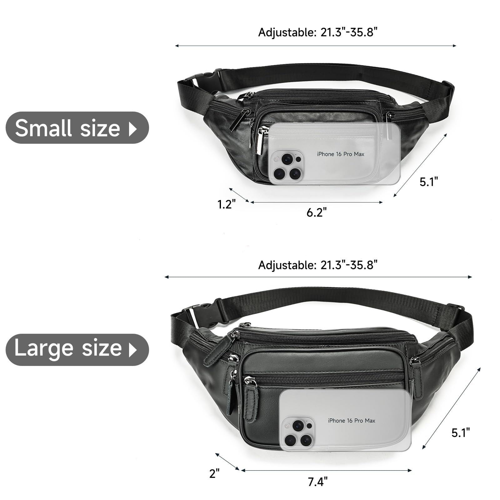 Genuine Leather Fanny Pack Men Women MultiPockets Sling Waist Bag Black