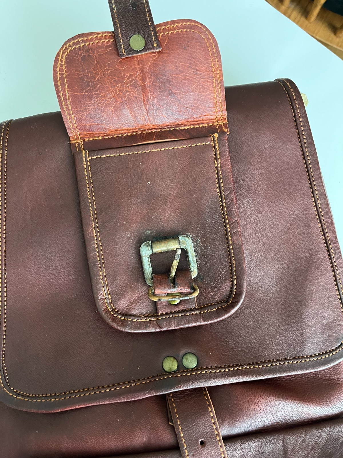 Brown Leather Rucksack Backpack with Drawstring, Flap & Buckle Closure (India)