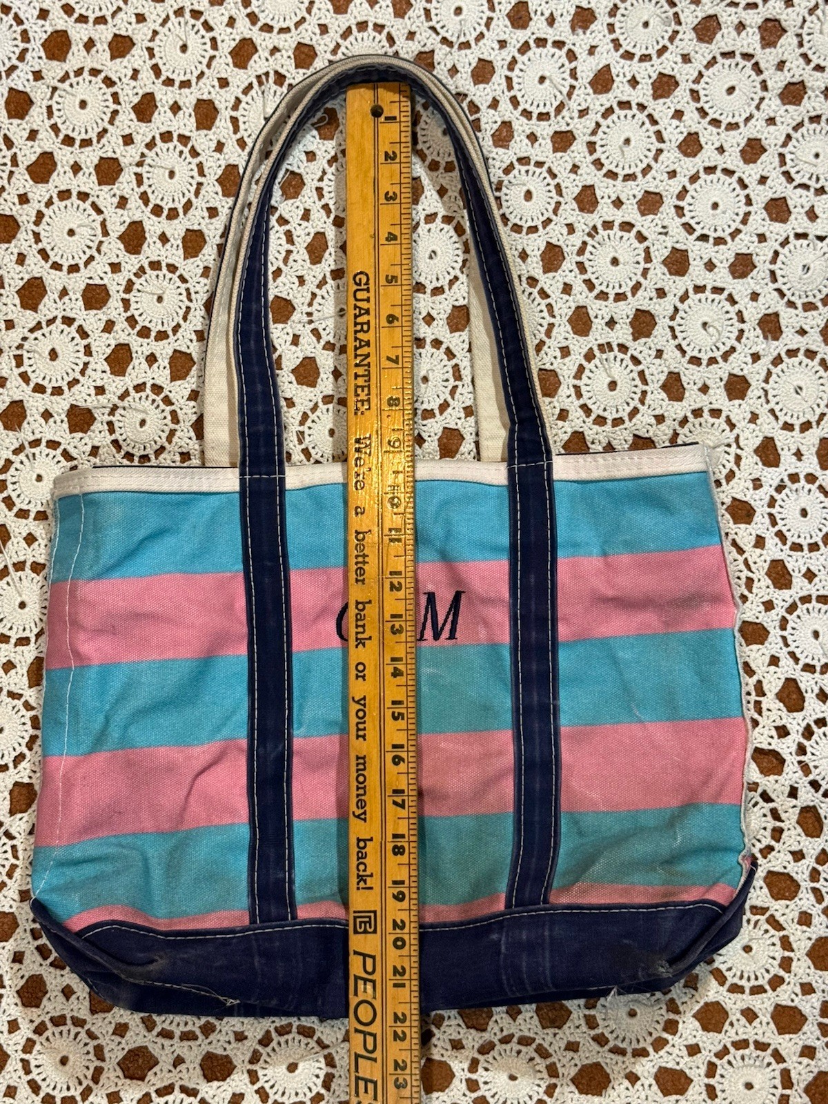VTG 80s LL Bean Boat & Tote Bag USA Canvas Blue Pink Embroidered Gem Distressed