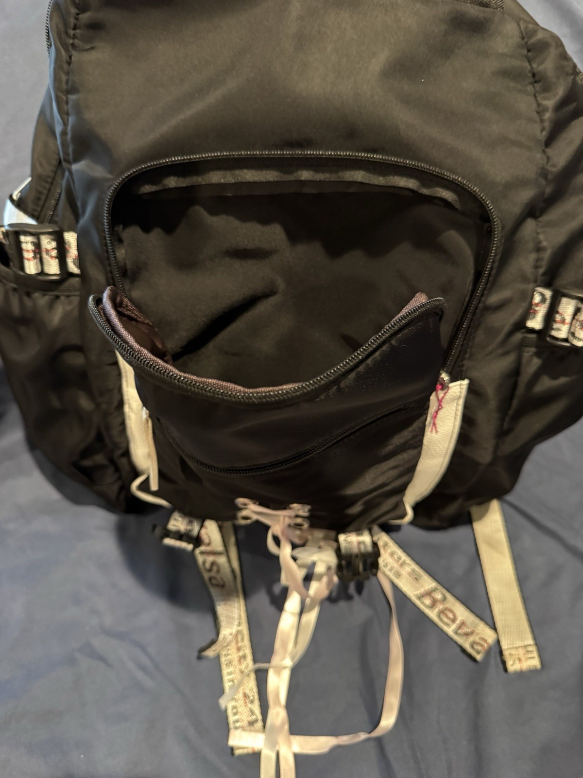 Bevalsa Black White Backpack with USB Port, Audio Pocket, Adjustable Straps