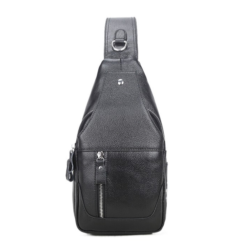 Genuine Leather Sling Backpack, Black Men‘s Crossbody Chest Bag Causal Daypack