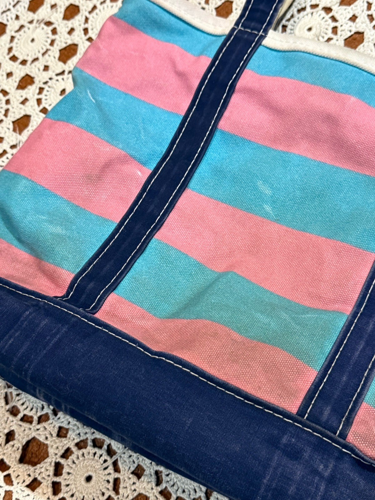 VTG 80s LL Bean Boat & Tote Bag USA Canvas Blue Pink Embroidered Gem Distressed
