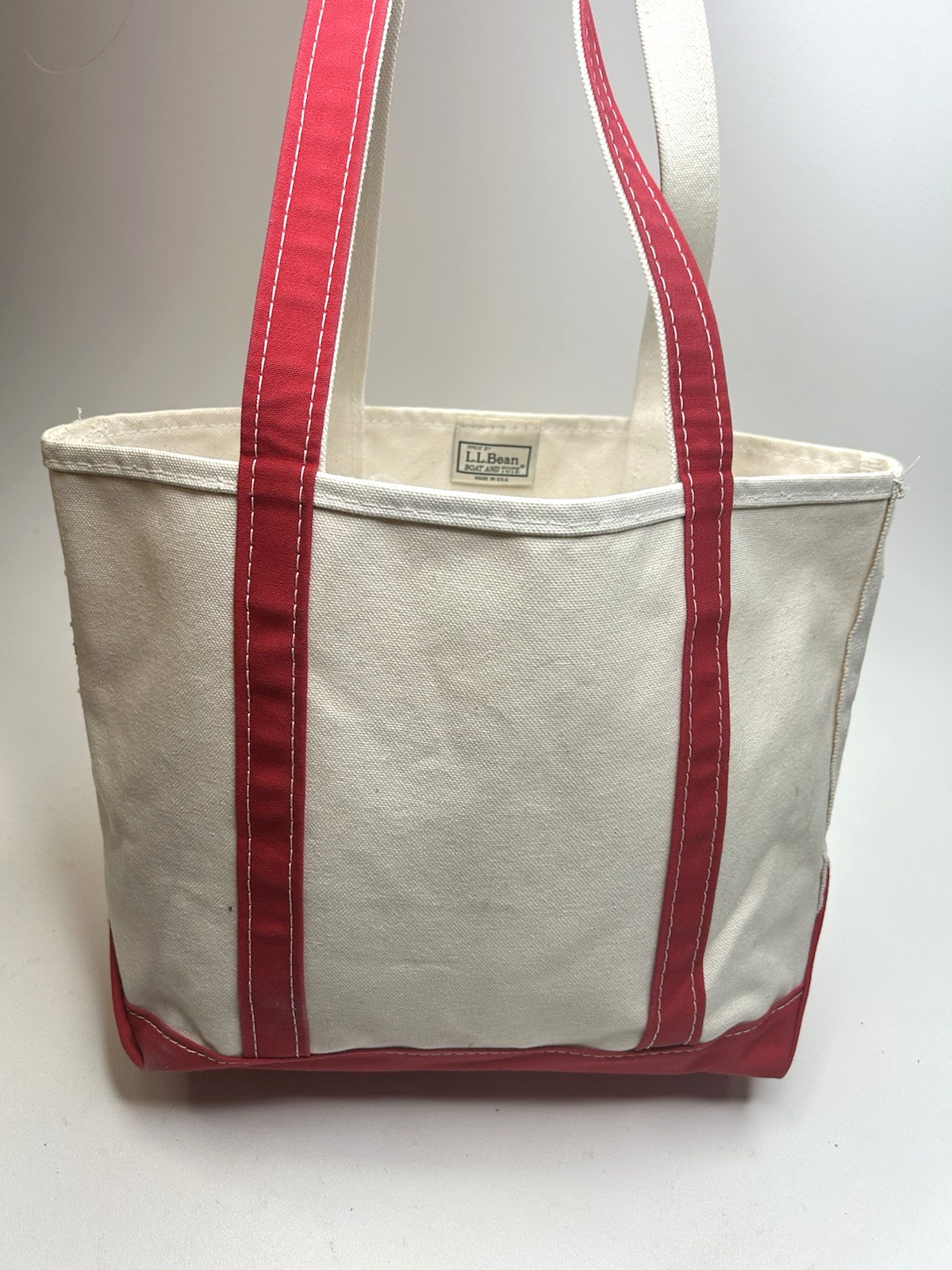 Vintage 90’s LL BEAN Boat and Tote Bag Large Ivory Red Stiff Canvas USA