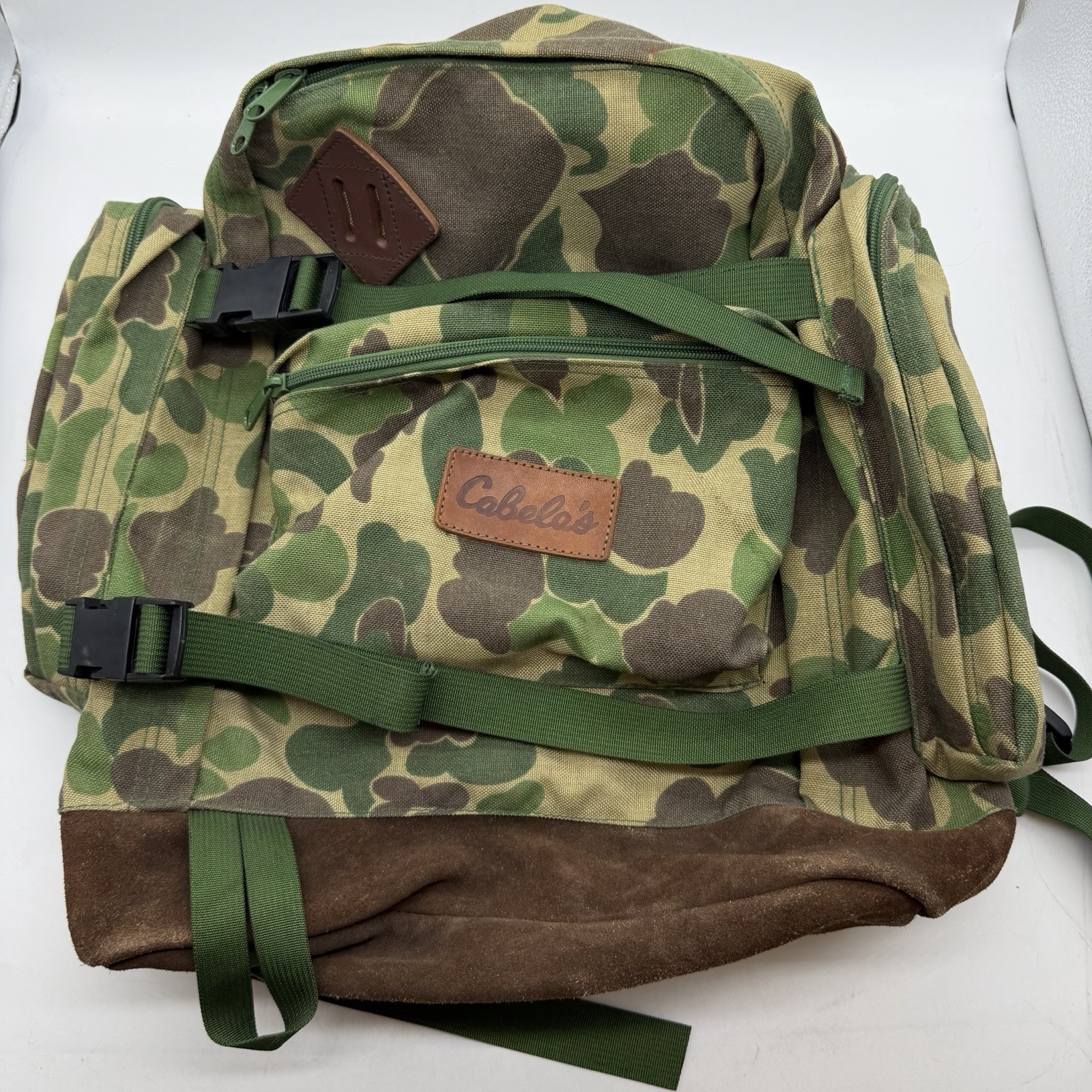 Vintage Cabela’s Hunting Backpack Suede Leather Bottom Frogskin Camo Green Brown