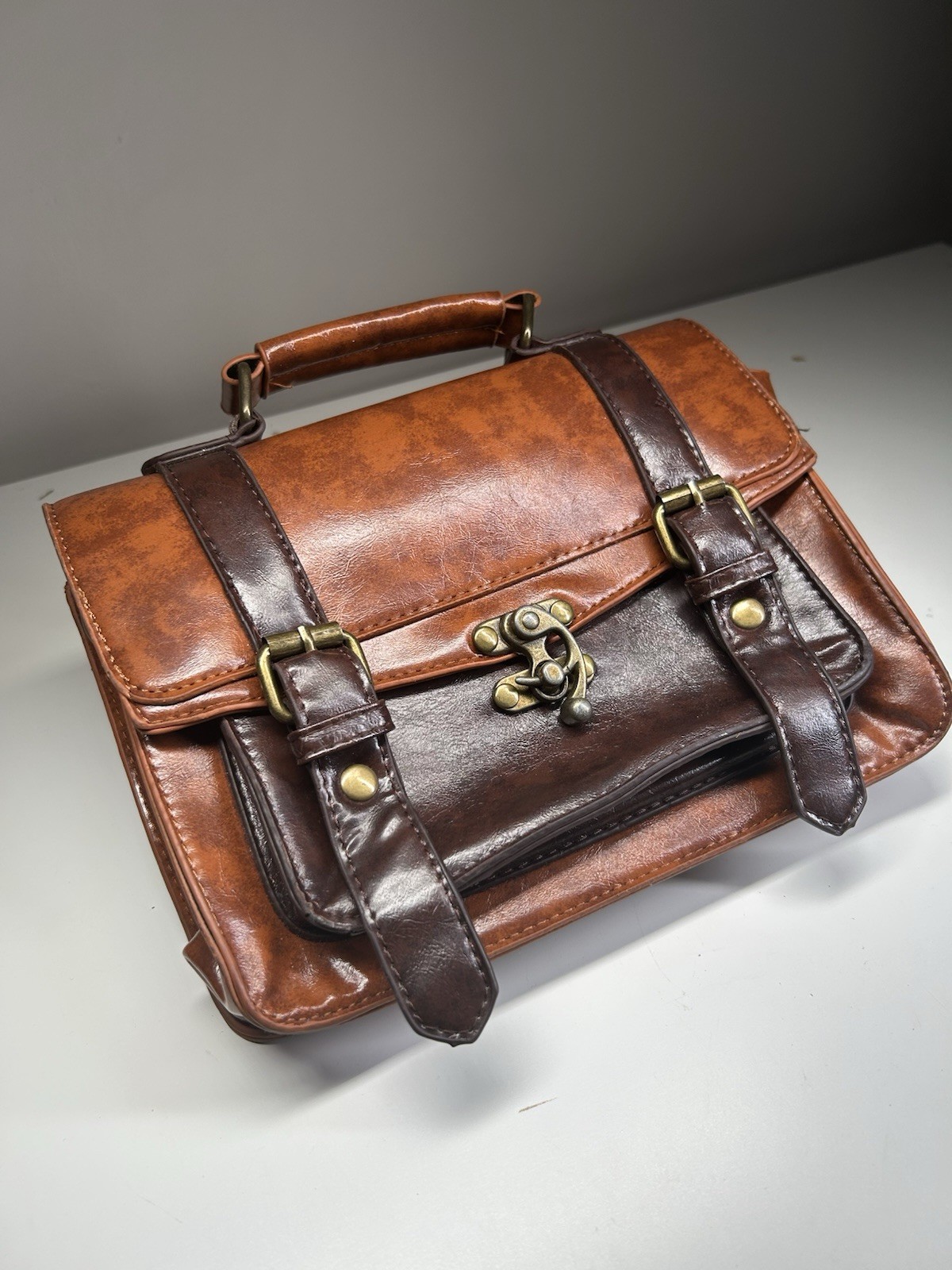 Brown Messenger Bag, Top Handle, Buckle Straps, Push Lock/Zip, Inner Pockets