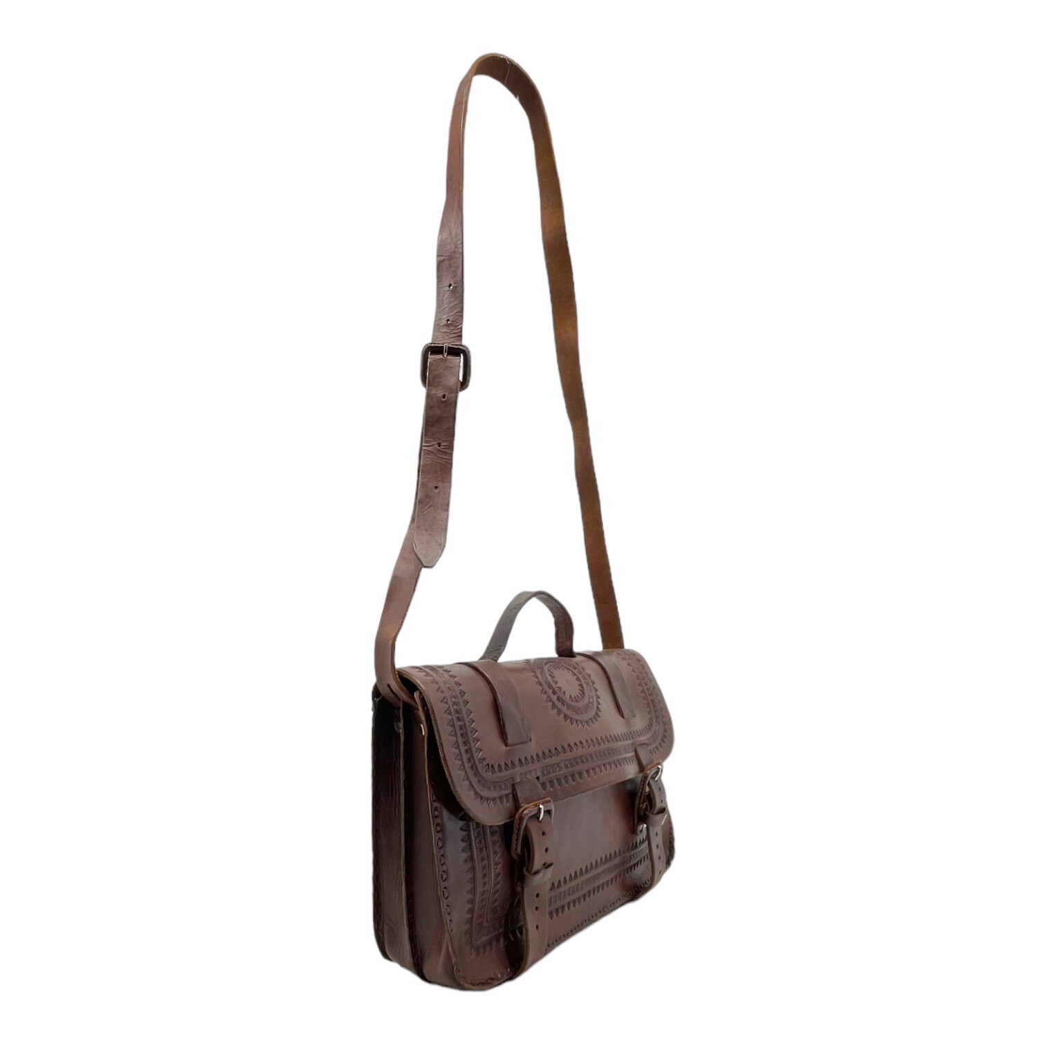 Vintage 70s Large Handmade Tooled Leather Messenger Bag Crossbody Laptop Travel