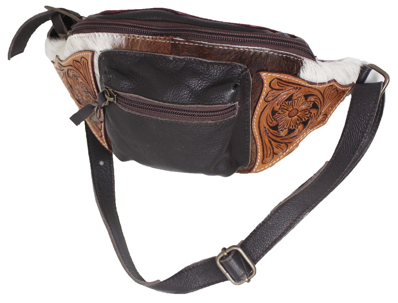 Western Cowhide Floral Tooled Leather Waist Travel Fanny Pack Sling Belt Bag