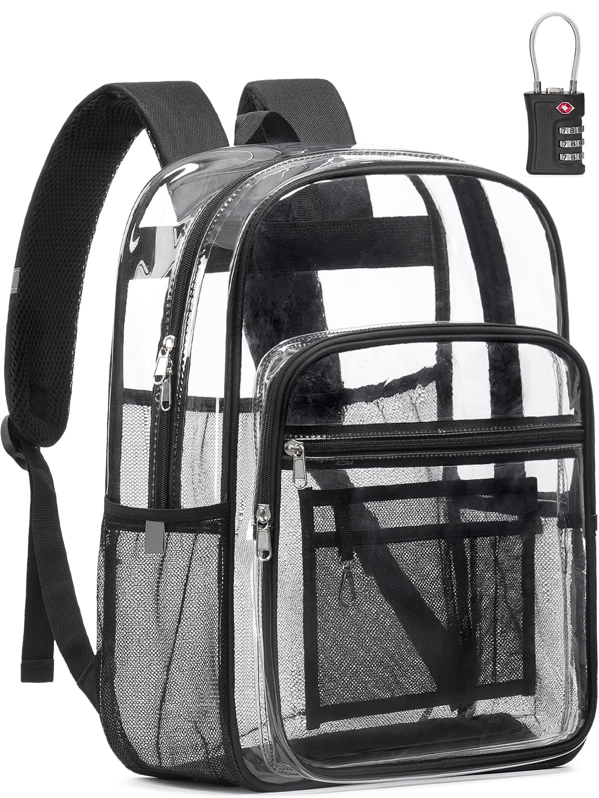 Black Clear Backpack Heavy Duty TSA Lock 18 Inch Transparent See Through Bag