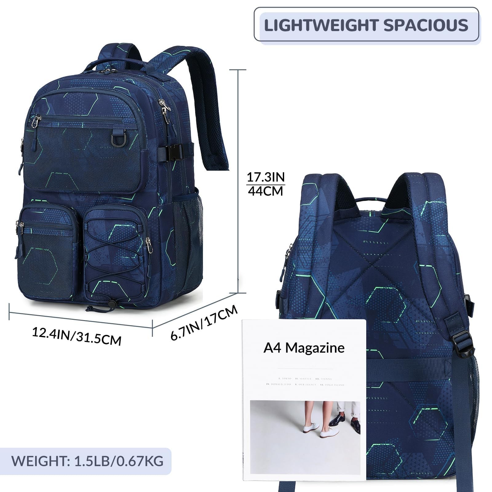 Navy Geometry Multi Pocket Heavy Duty Backpack 15.6 Inch Laptop Compartment