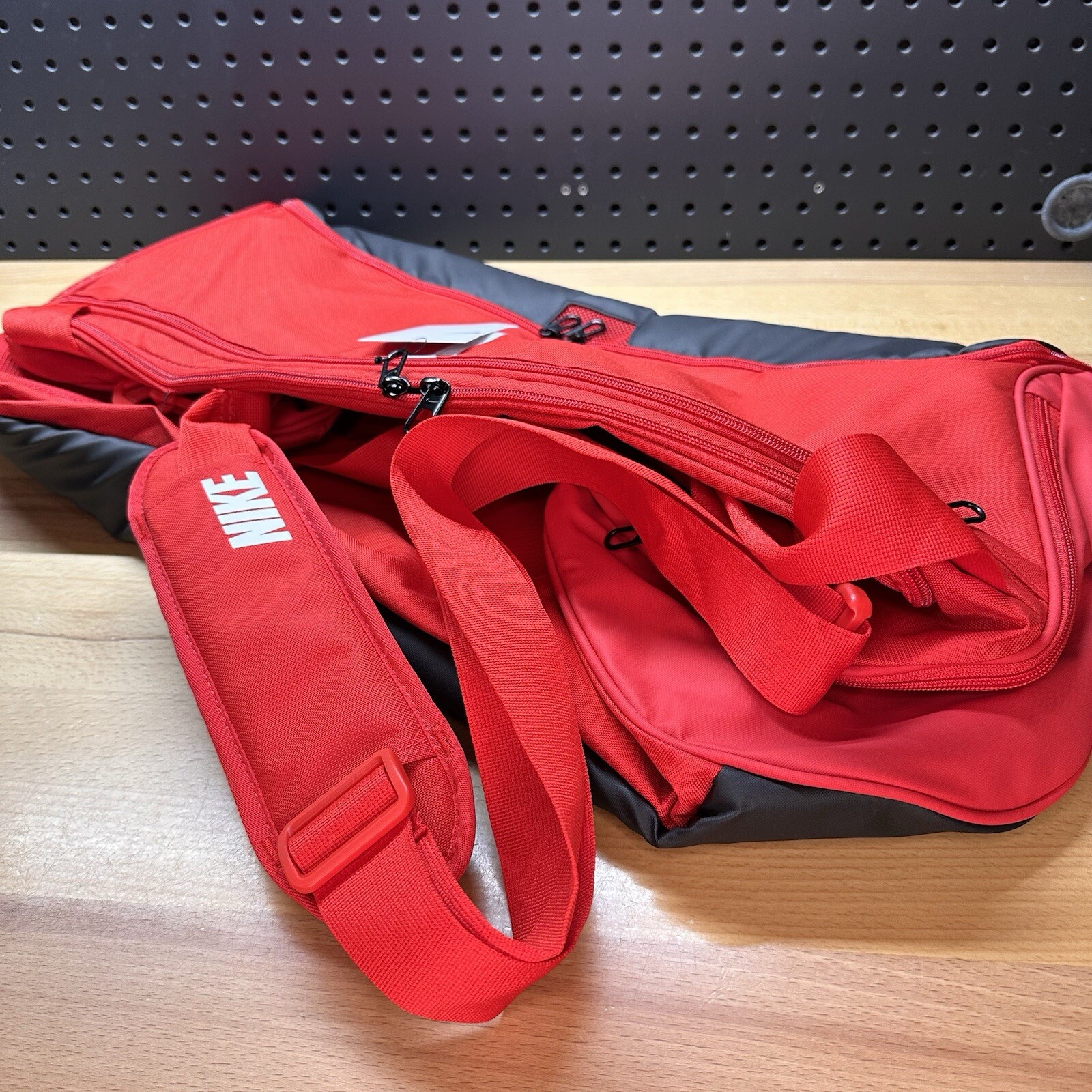 Nike Academy Team Duffel Bag Red Black White 60L Medium Soccer Workout Gym Bag