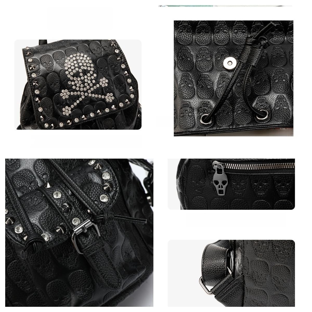 Gothic Skull Backpack PU Leather Punk Rucksack Drawstring Flap A4 Tablet Bag new