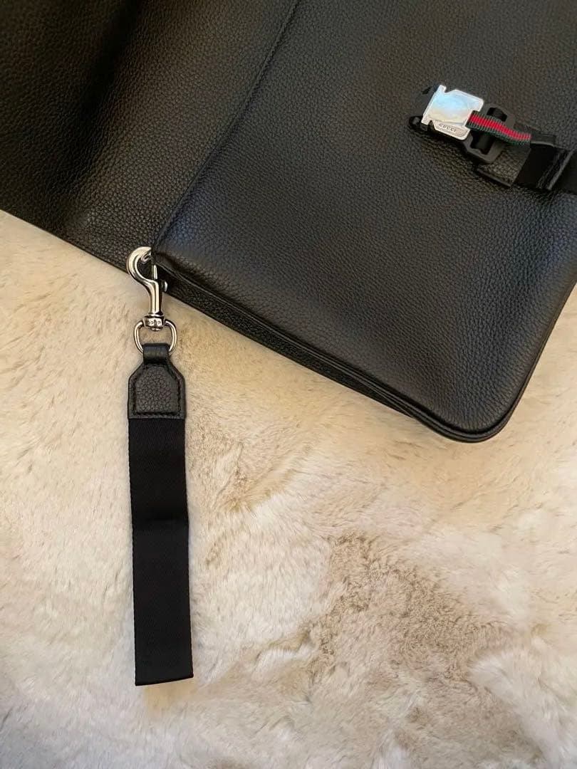 Gucci Web Stripe Medium Clutch Bag Business Case Soft Grain Leather Black 816755