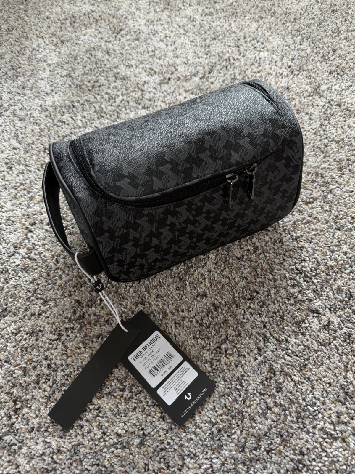 True Religion Aukka Black Houndstooth Toiletry Dopp Kit Bag W/ 2 Travel Bottles