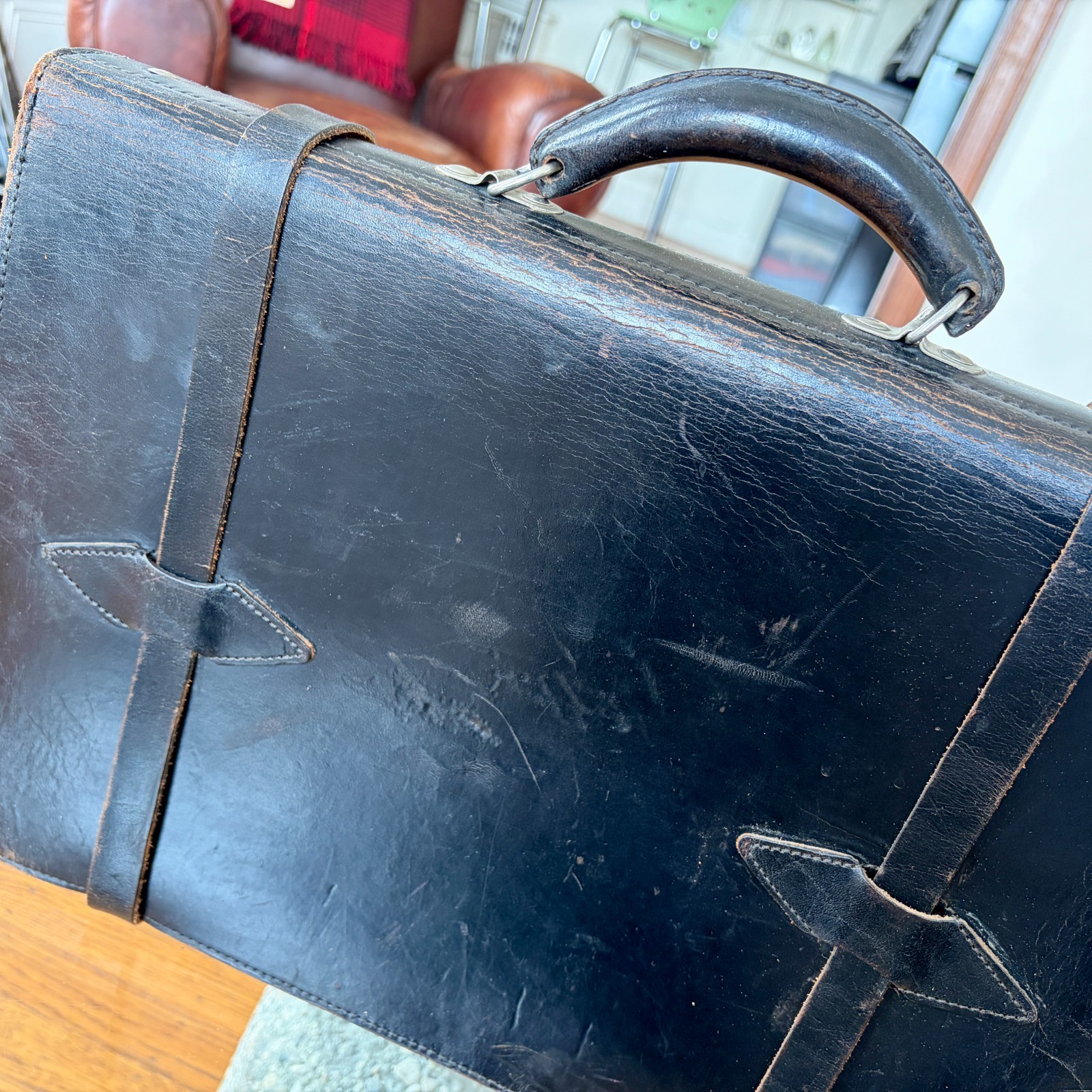 1920s Leather Briefcase Satchel Bag Double Strap Messenger MacBook Pro Blk Vtg