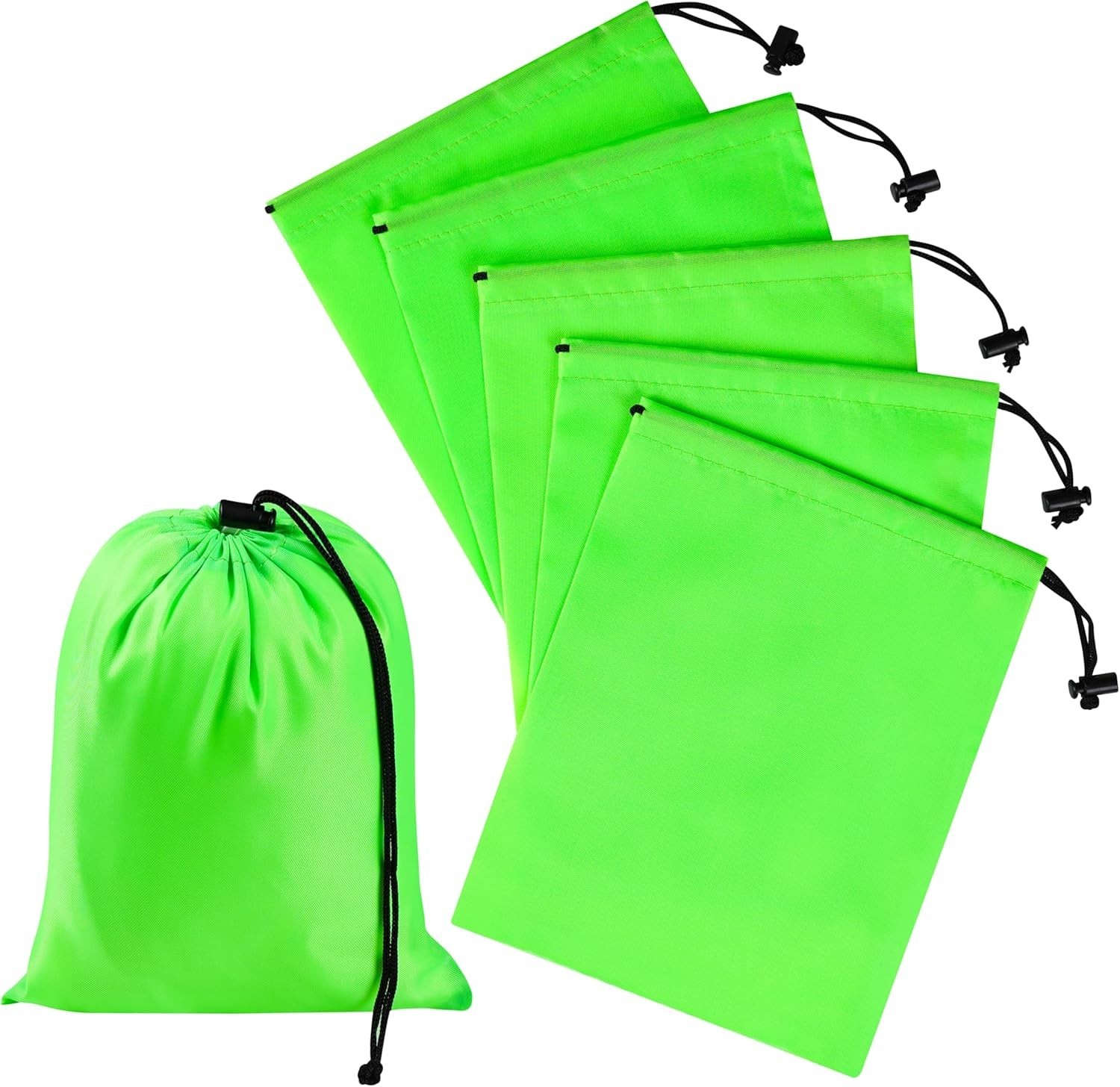 6 Set Drawstring Bag With Toggle Nylon Cinch & Ditty Pouch Green 7 X 9 Inch