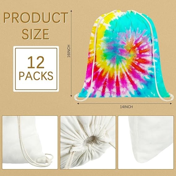 12 Pieces Tie Dye Cotton Drawstring Bags Sublimation Blank Backpack White Can…