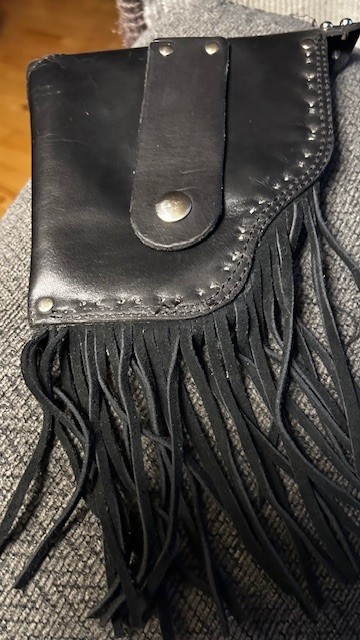 COOL black motorcycle leather belt loop side bag studs 6.5″x7″ + 4″ fringe