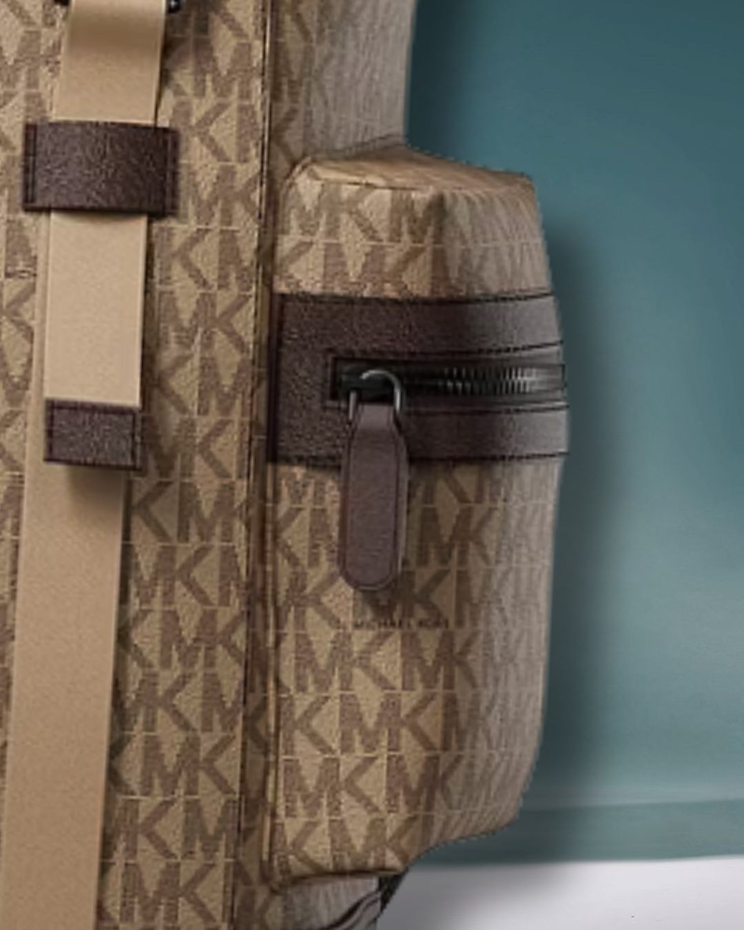 Michael Kors Cooper Men MK Logo Print Canvas Travel School Pocket Backpack Camel