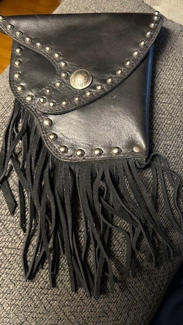 COOL black motorcycle leather belt loop side bag studs 6.5″x7″ + 4″ fringe