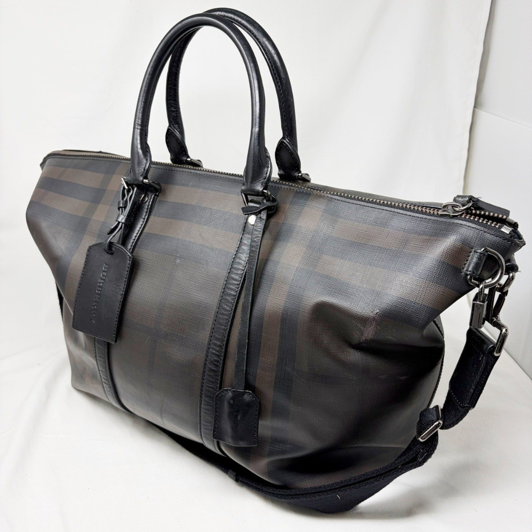 BURBERRY 2-Way Boston bag Dark Brown Leather PVC Men Duffle bag Travel