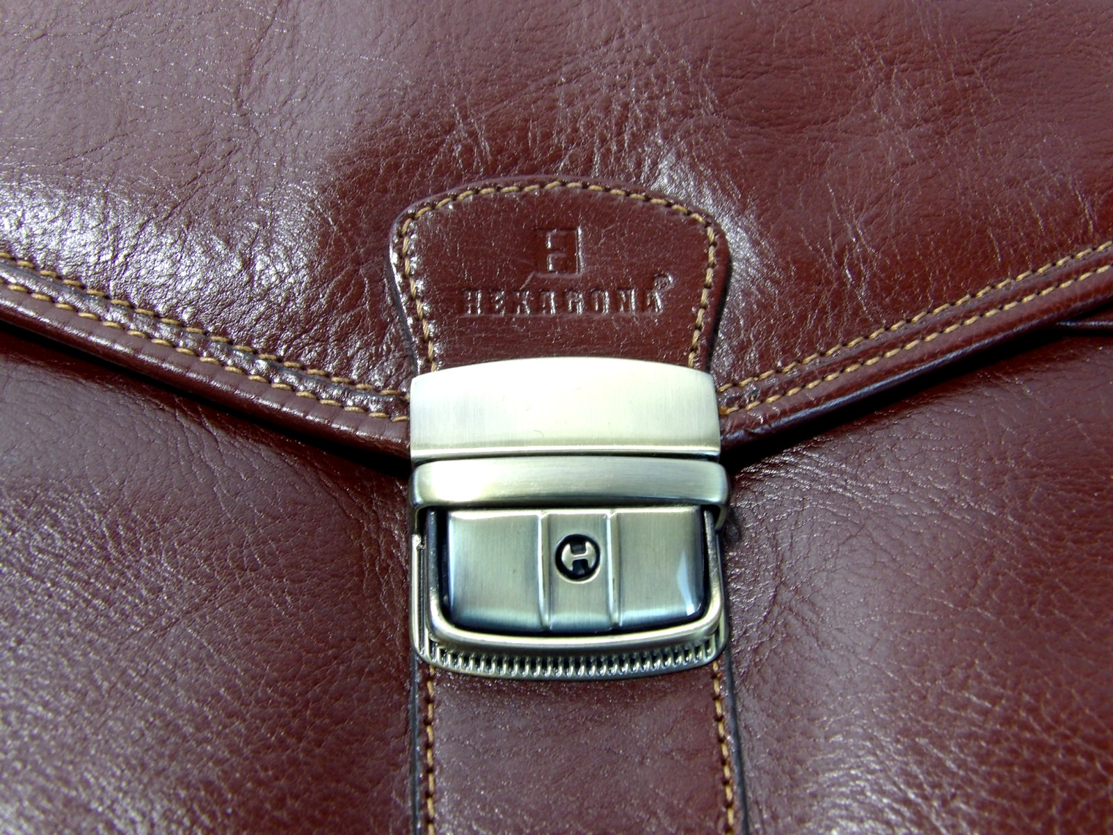 Hexagona Brown Genuine Leather w/ Flap 3 Compartments Shoulder Laptop Bag New!
