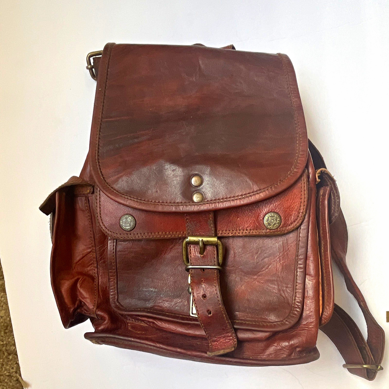 Men’s Brown Backpack Drawstring & Buckle Flap, Outer Pockets, Canvas Lined