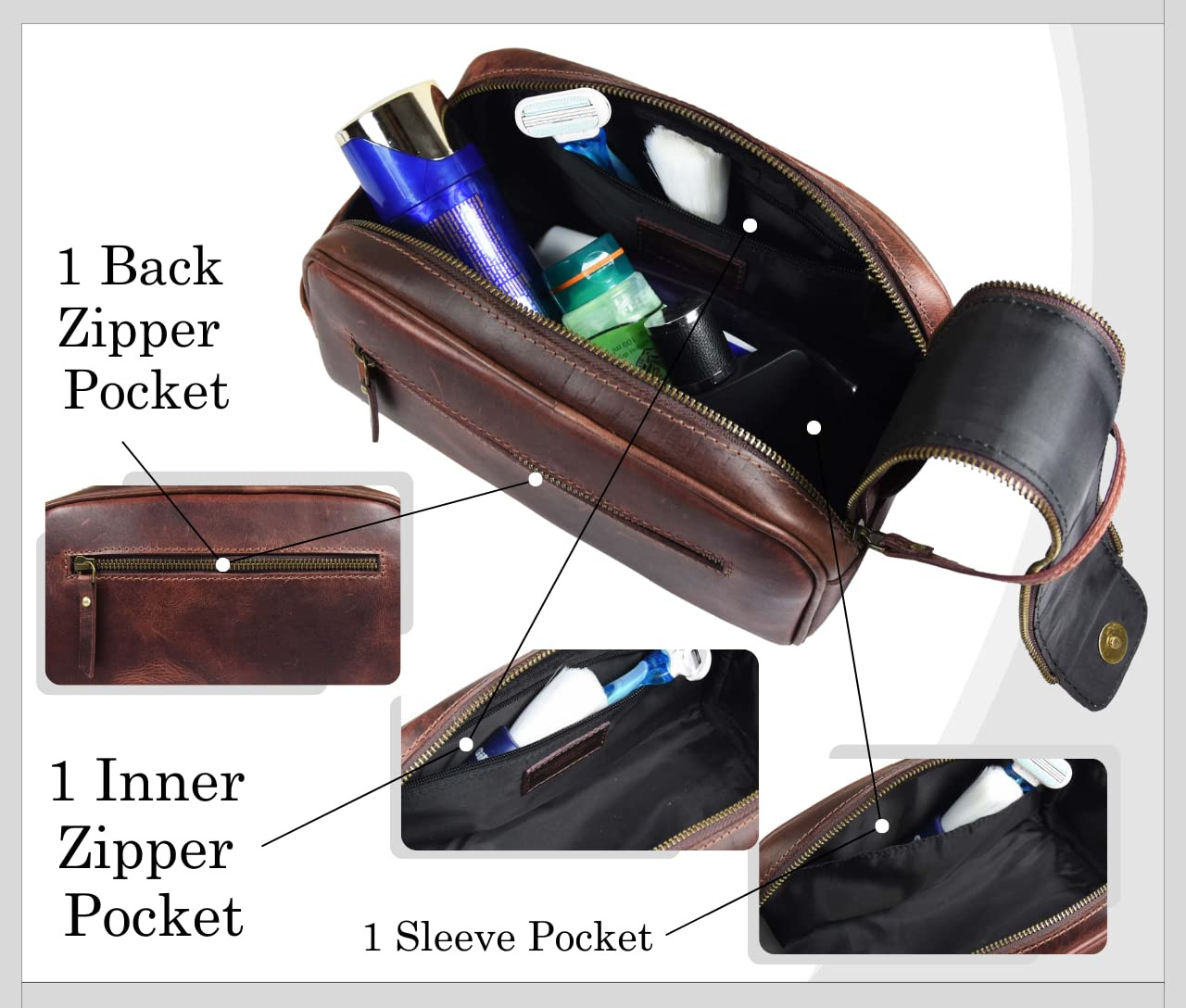 10″ Premium Leather Toiletry Travel Pouch with Waterproof Lining | King-Size Han