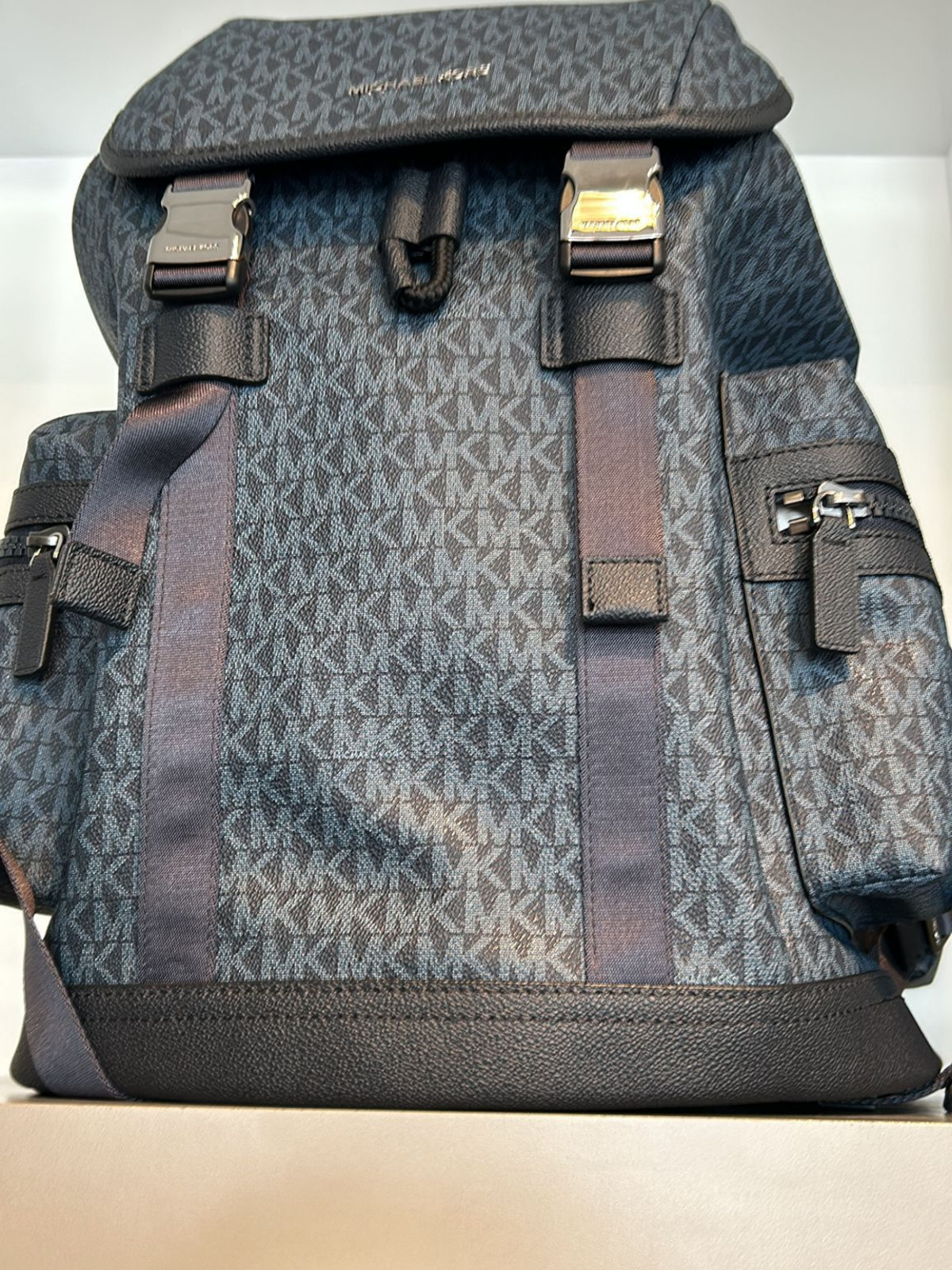 Michael Kors Cooper Men Logo Buckle Flap Zip Side Pockets Backpack Admiral Blue