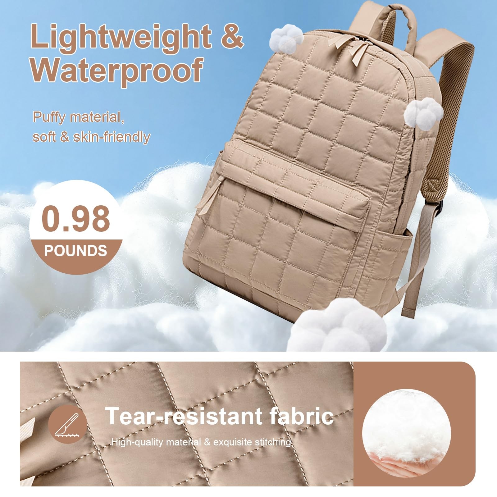 Travel Backpack Women Work Quilted College Bag Fits 15.6 Inch Laptop Khaki