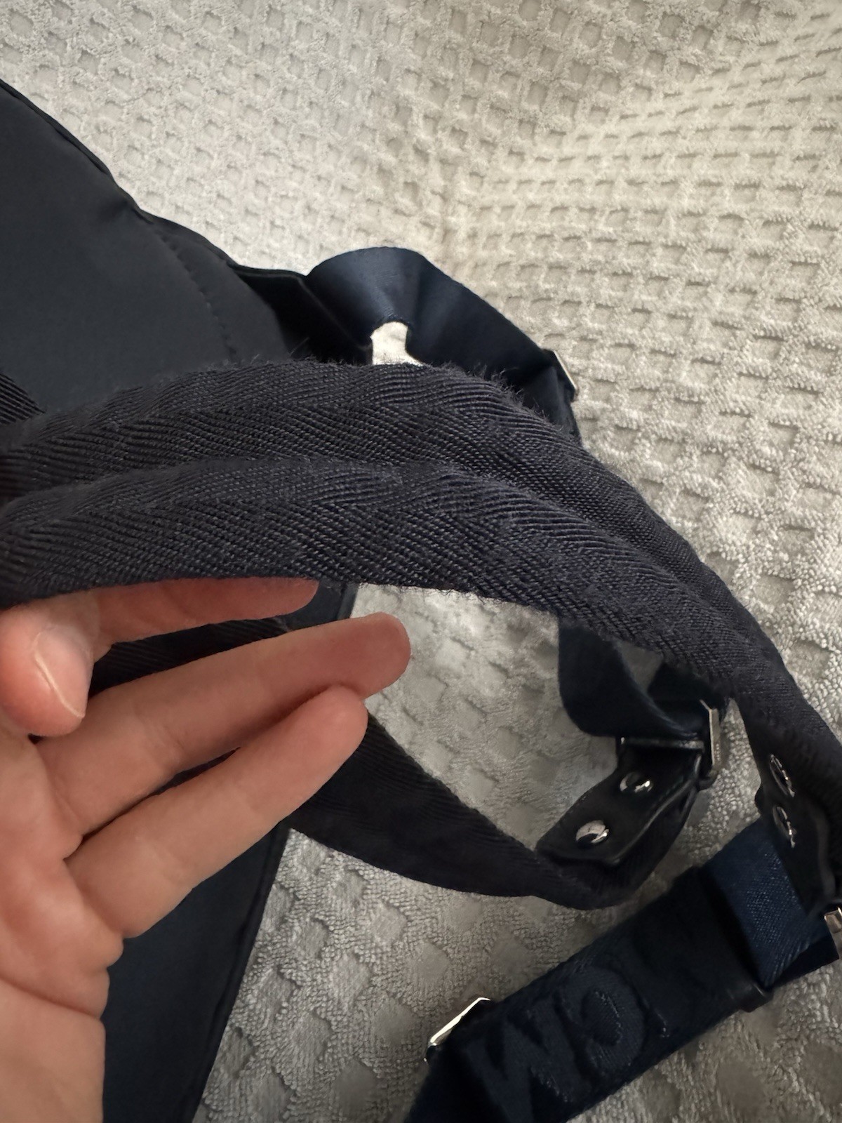 MCM Dieter Two Pocket Monogram Visetos Nylon Leather Flap Backpack Navy Blue Bag