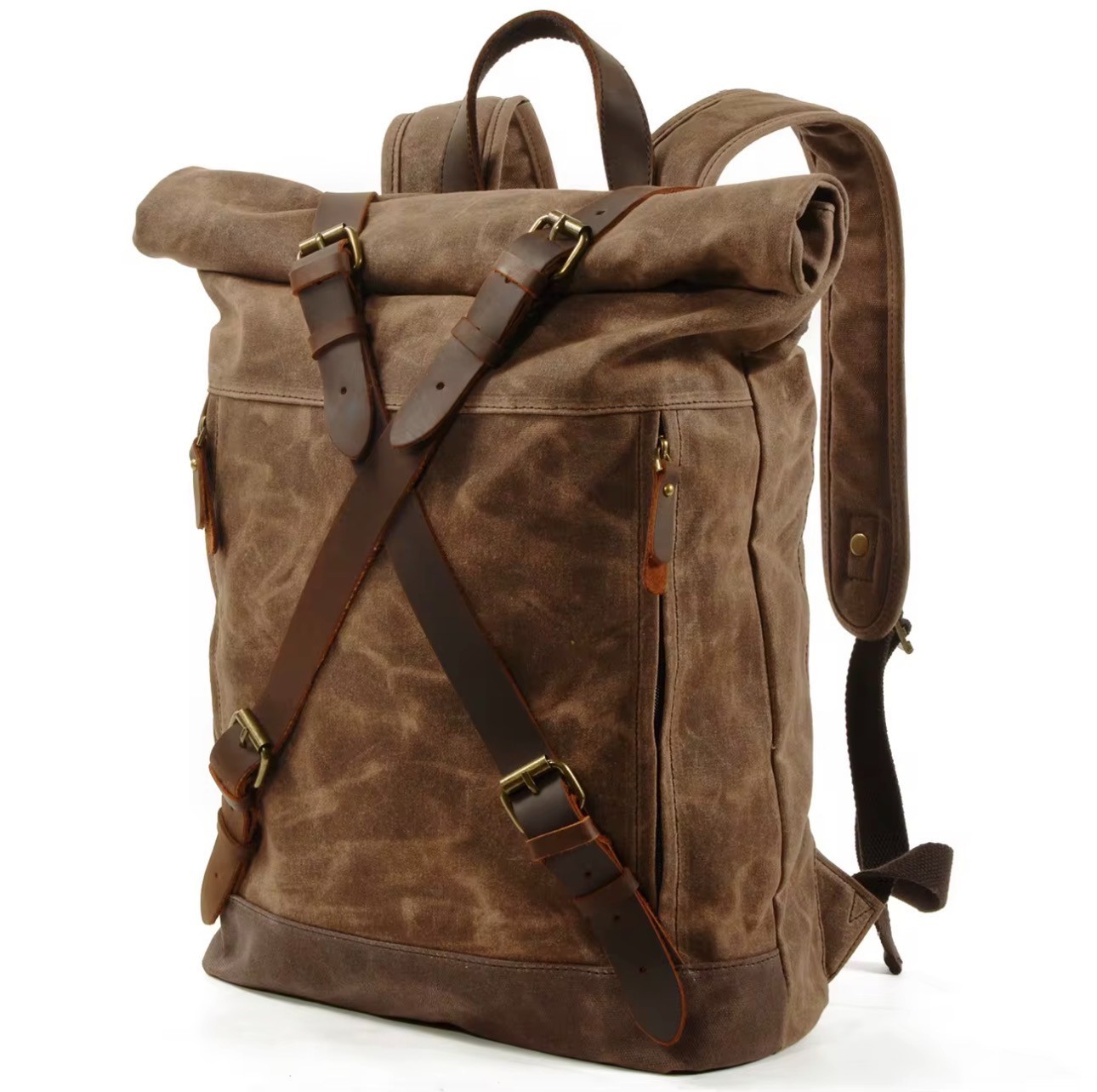 Waxed Canvas Backpack w Leather Straps Laptop Travel Work Rolltop Rucksack