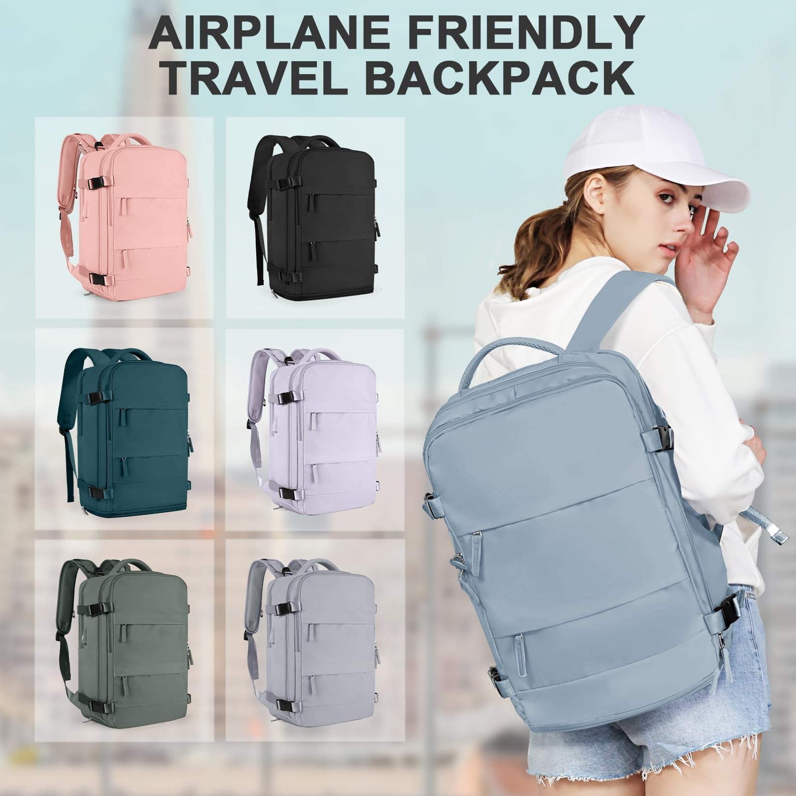 Large Travel Backpack 30L Carry On Flight Approved 15.6in Laptop Gray Blue