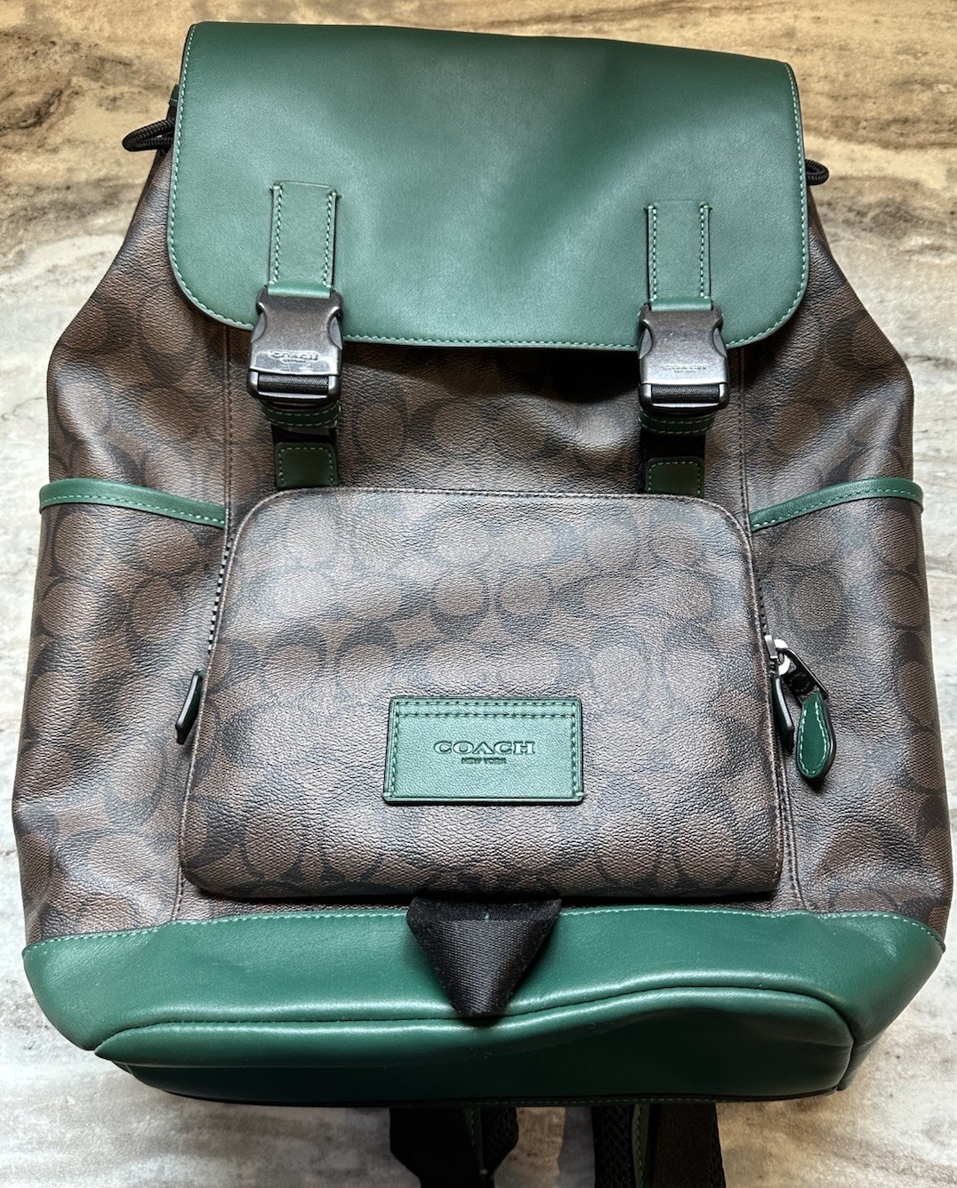 Coach Green/Brown Logo Print Backpack w/ Buckle & Drawstring, Outer Pockets