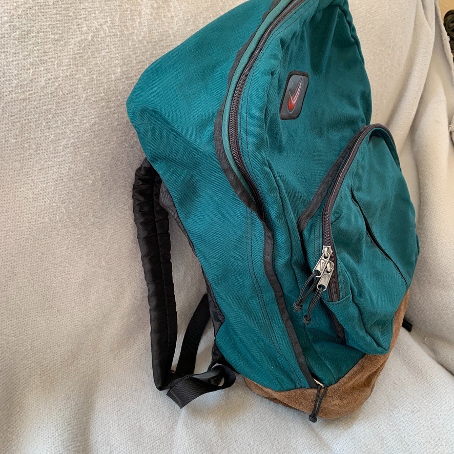 Vintage Y2K Nike Leather Suede Bottom Retro Green Backpack Bag Center Swoosh 90s
