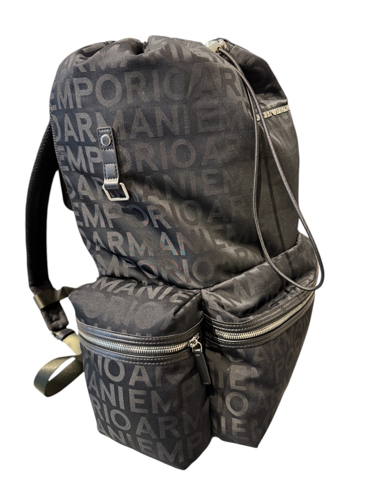 New Emporio Armani Black Nylon oversized Drawstring Logo Backpack