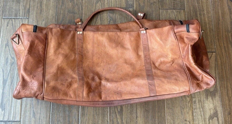 Vintage 80s Large Leather Canvas Lined Duffel Travel Bag, Several Pockets