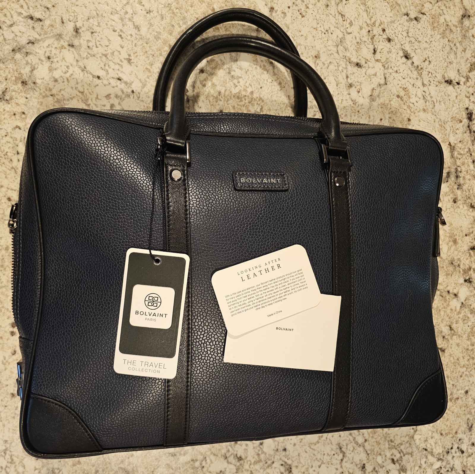 Bolvaint Cabot Leather Briefcase Travel Bag Zip-Around Carry Handle Navy/Black