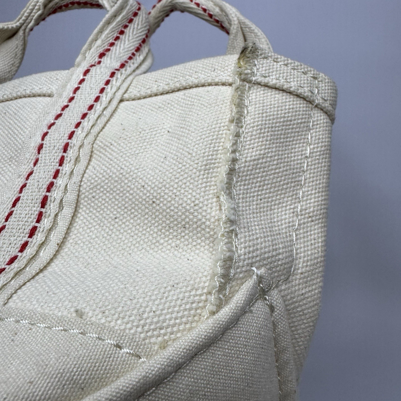 Vintage Micro Mini LL Bean Boat Tote Bag White Red Stitch Double Handle 5-1/2″