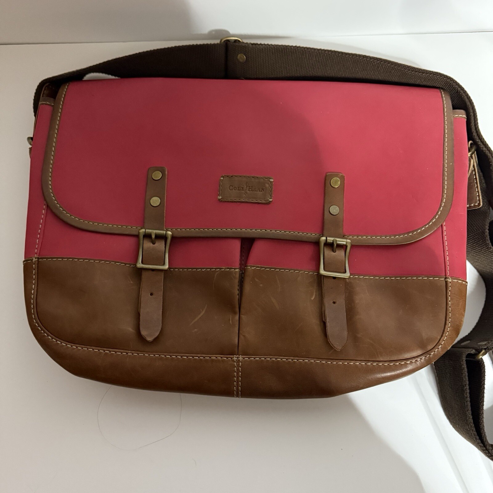 Cole Haan Reflective Leather Messenger Bag Red Brown Canvas Vintage Style