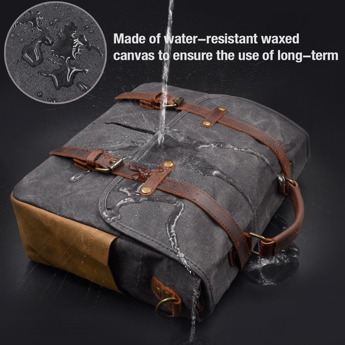 Men’s 15.6″ Waterproof Leather Canvas Laptop Messenger Bag Grey Satchel