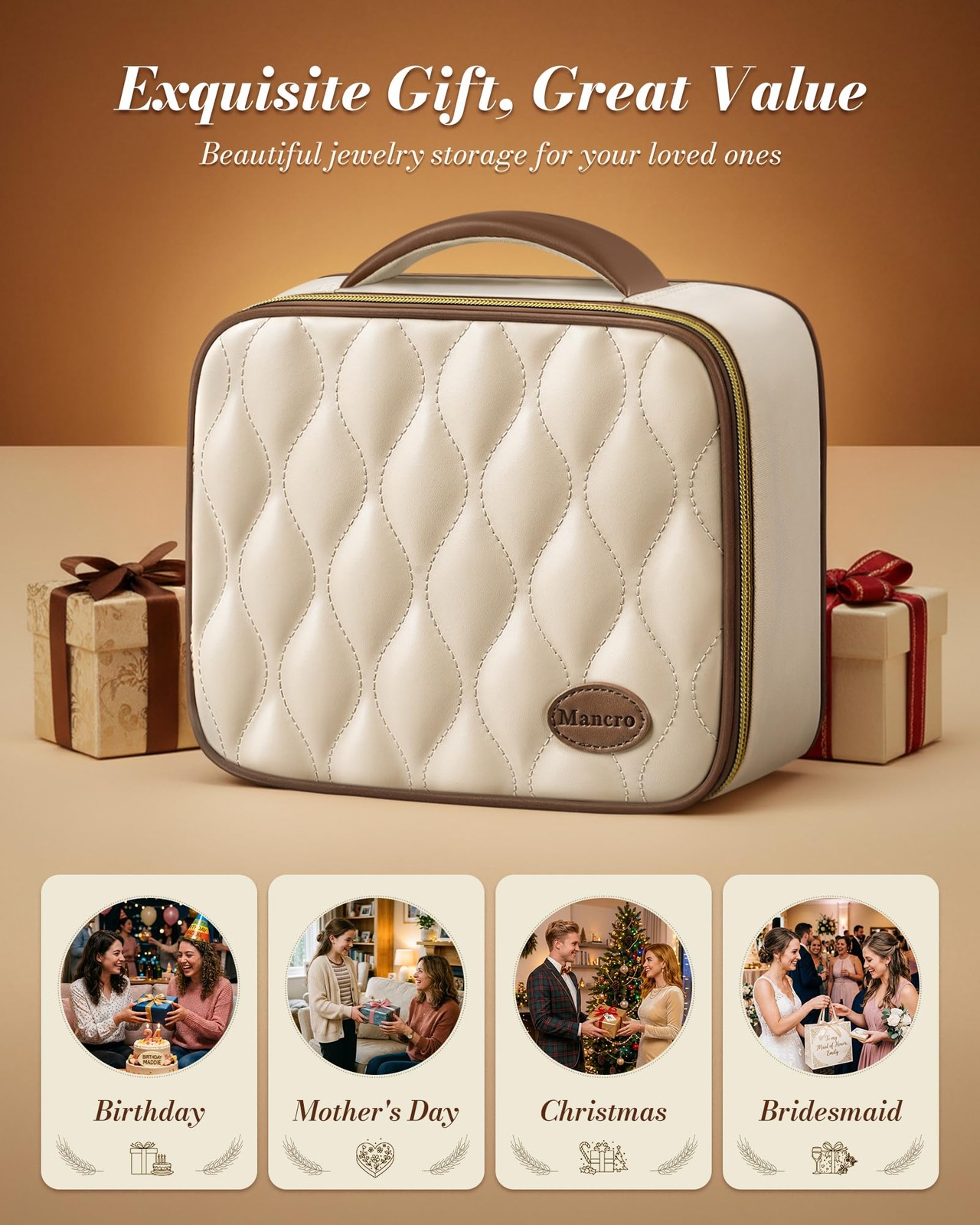 Mancro Travel Jewelry Case Organizer for Women 24.13 x 19.05 x 8.64 cm, Beige