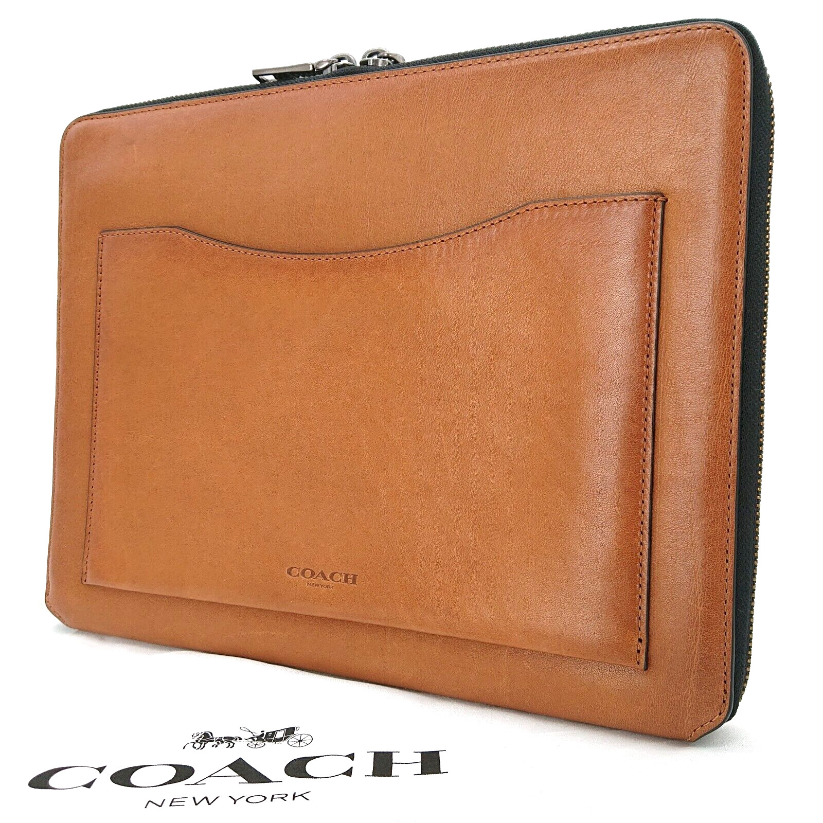 COACH Cluch Bag Tablet Case 64822 Brown Leather Round Zip Made in Vietnam