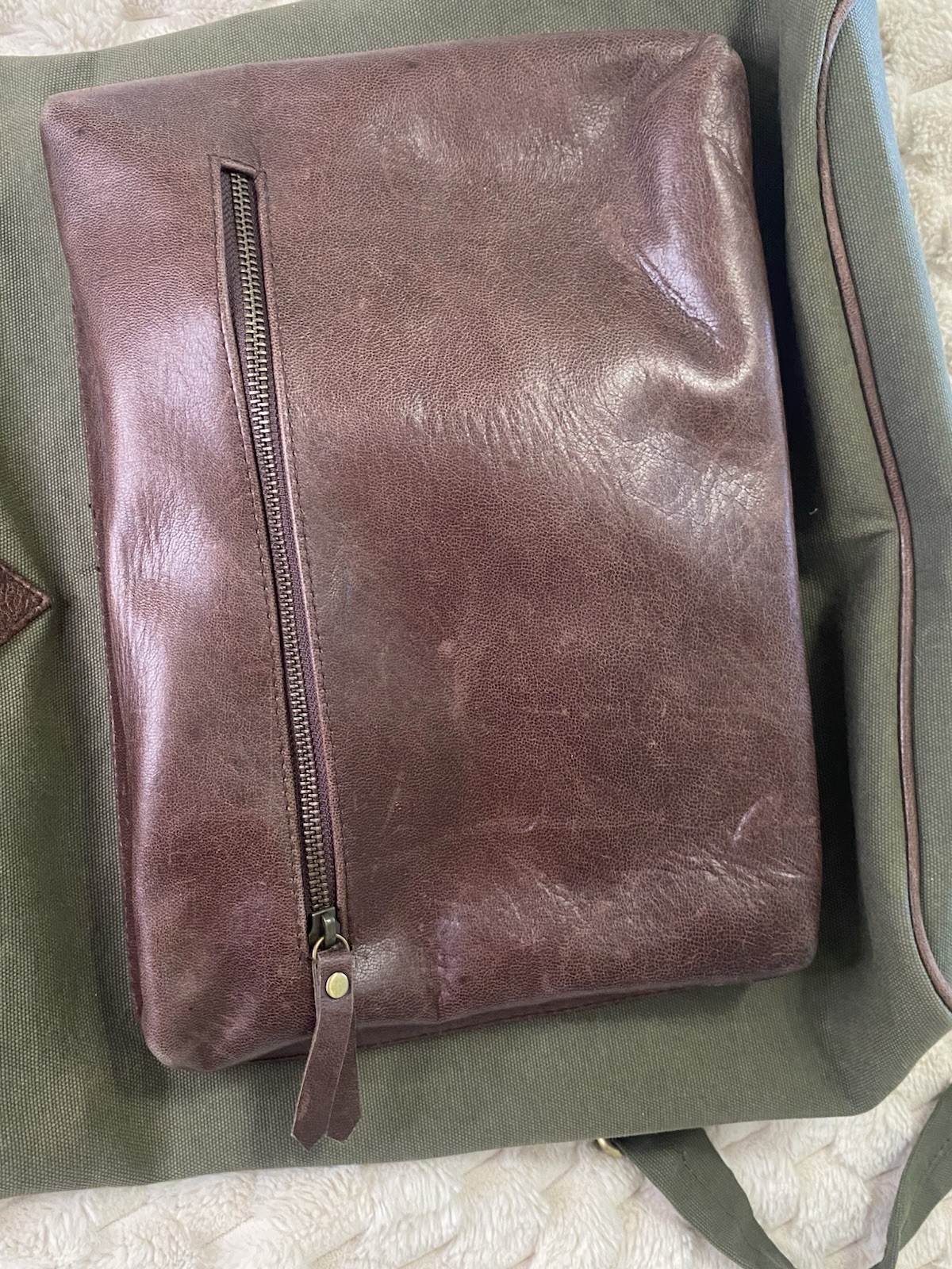 Artisan Handmade Bali Leather & Canvas Backpack Laptop Sleeve Olive Green Brown