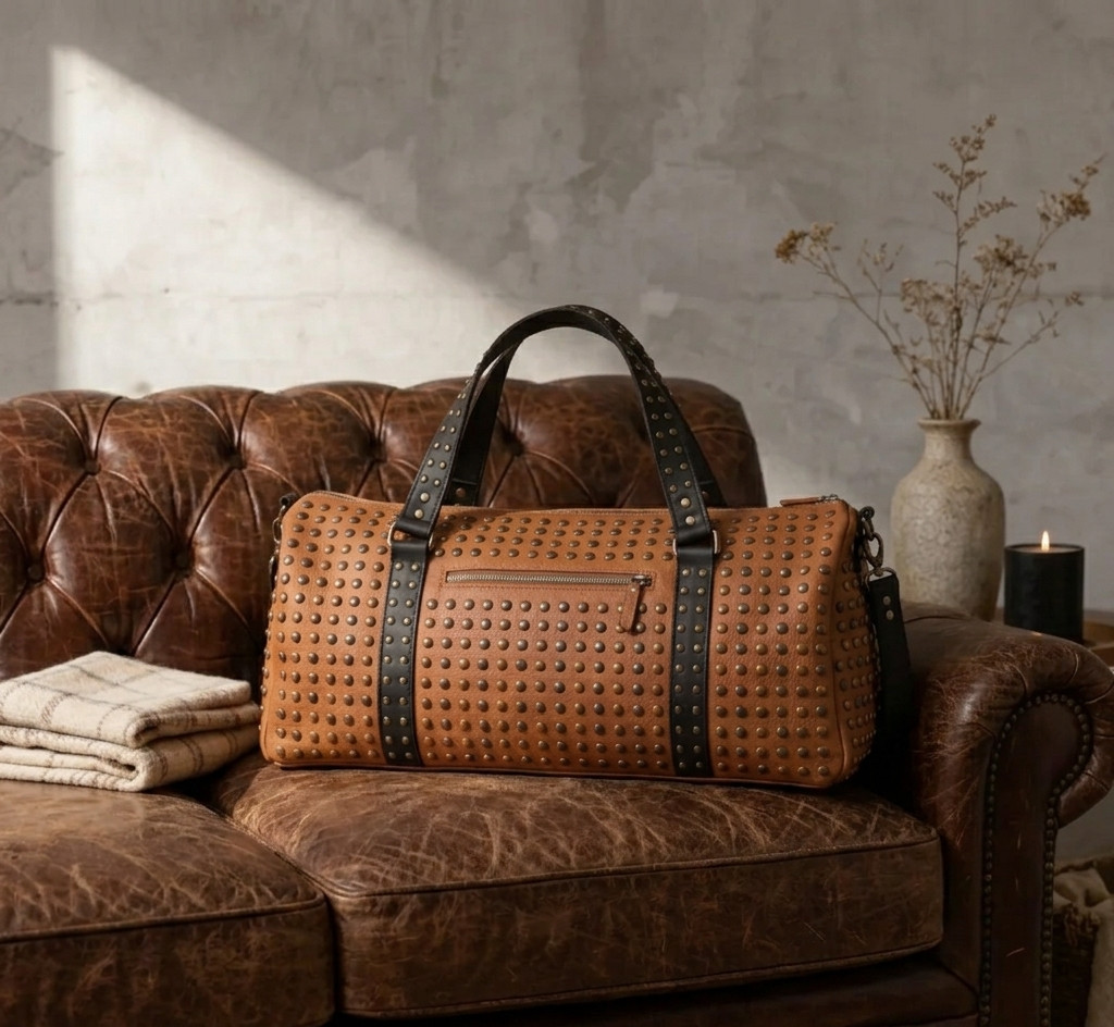 Handmade Studded Leather Weekend Duffle Bag Western Hand carry Overnight Travel