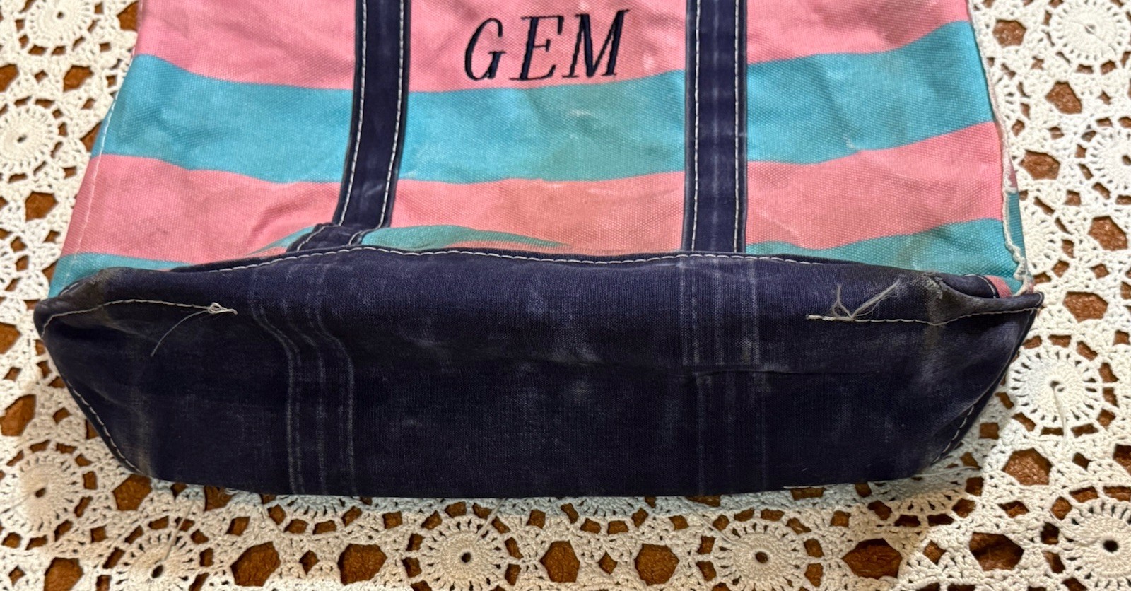 VTG 80s LL Bean Boat & Tote Bag USA Canvas Blue Pink Embroidered Gem Distressed